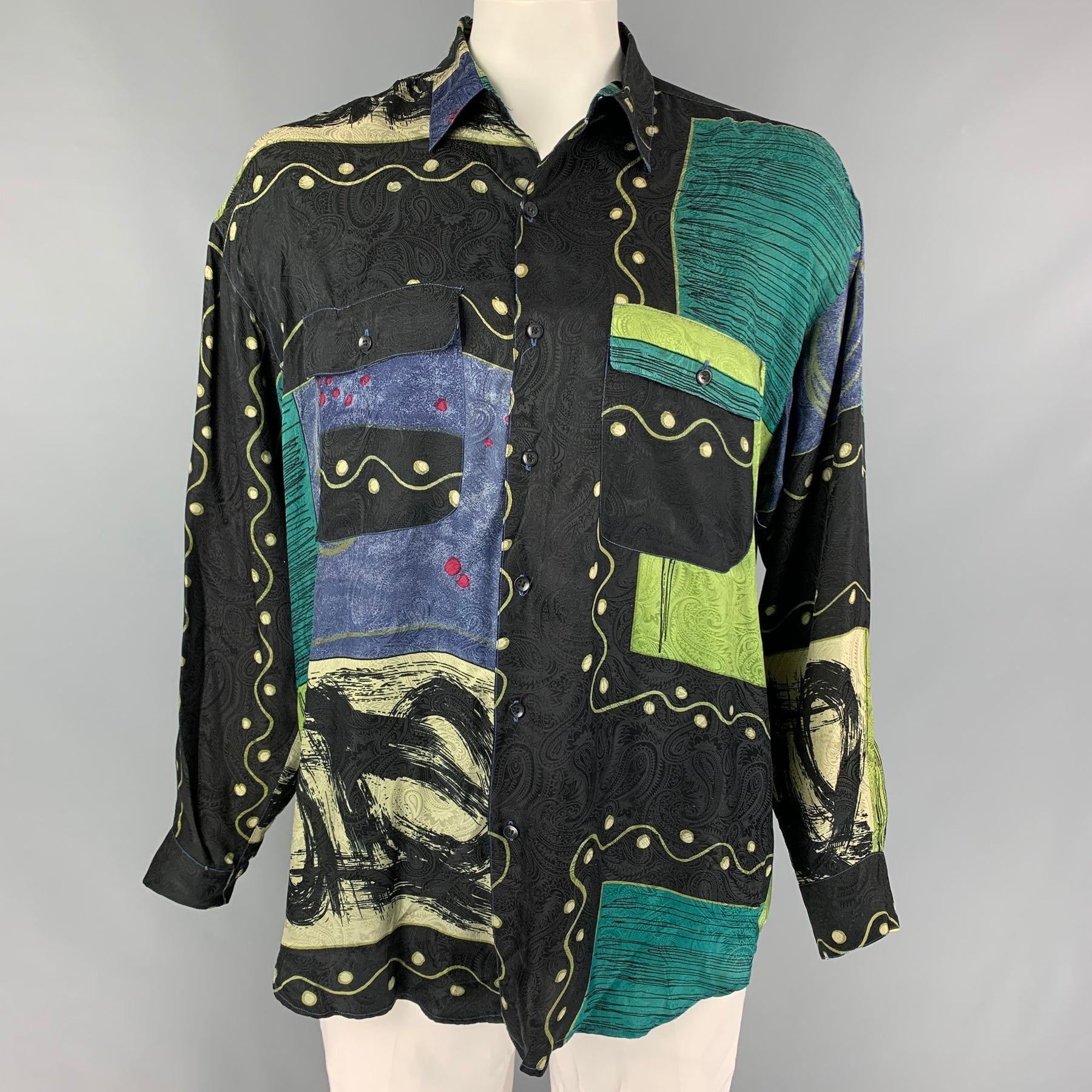 Vintage GOOUCH Size L Black Green Paisley Silk Long Sleeve Shirt