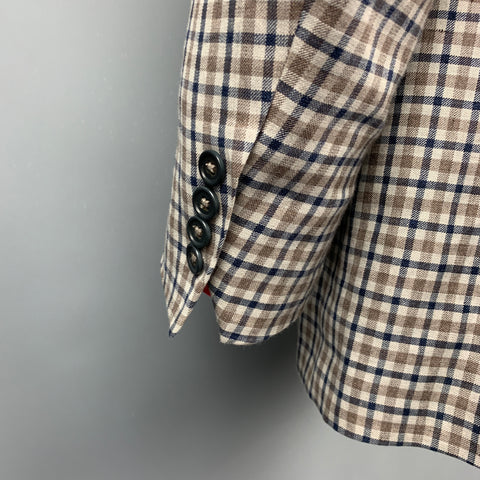 ERMENEGILDO ZEGNA Size 46 Crossover Taupe & Blue Plaid Linen Blend Notch Lapel Sport Coat