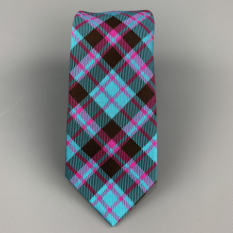 PHINEAS COLE Aqua Blue & Pink Plaid Silk Skinny Tie