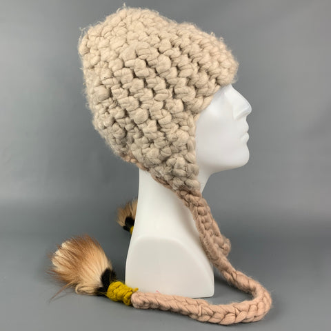 MISCHA LAMPERT Cream Knitted Wool Chunky Tails Hat