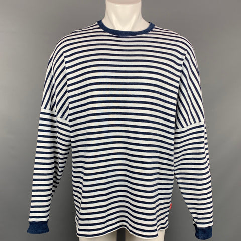 BEAMS Size M Navy & White Stripe Cotton Crew-Neck Pullover