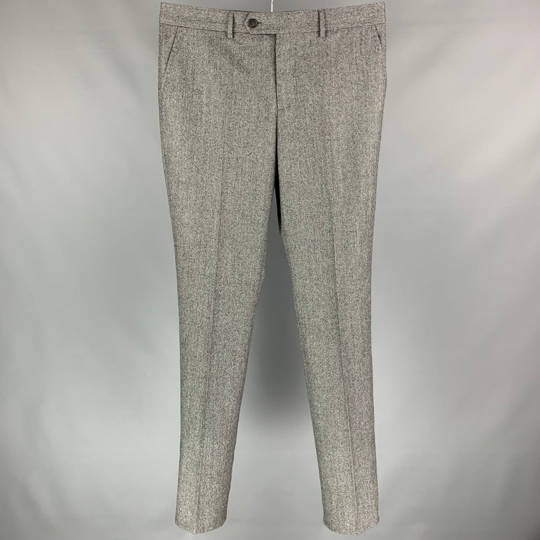BRUNELLO CUCINELLI Size 34 Grey & Black Houndstooth Wool Flat Front Dress Pants