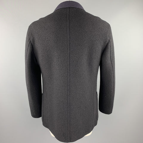 ISSEY MIYAKE Size XL Navy Textured Wool Notch Lapel Coat