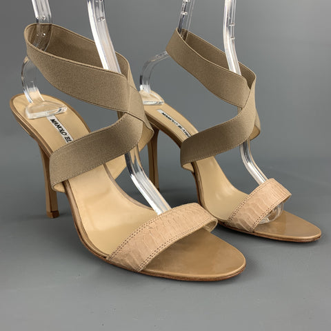 MANOLO BLAHNIK Talla 10 Sandalias de tacón con tira de piel de serpiente beige