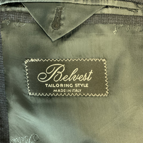 BELVEST Size 44 Navy Plaid Wool Notch Lape Suit