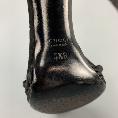 GUCCI Size 5.5 Black & Gold Suede Silk Cord Platfrom Sandals