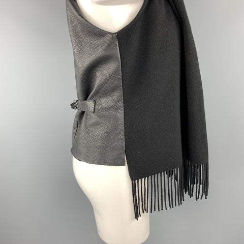 HERMES Taille 8 Gilet écharpe en cuir à franges en cachemire noir
