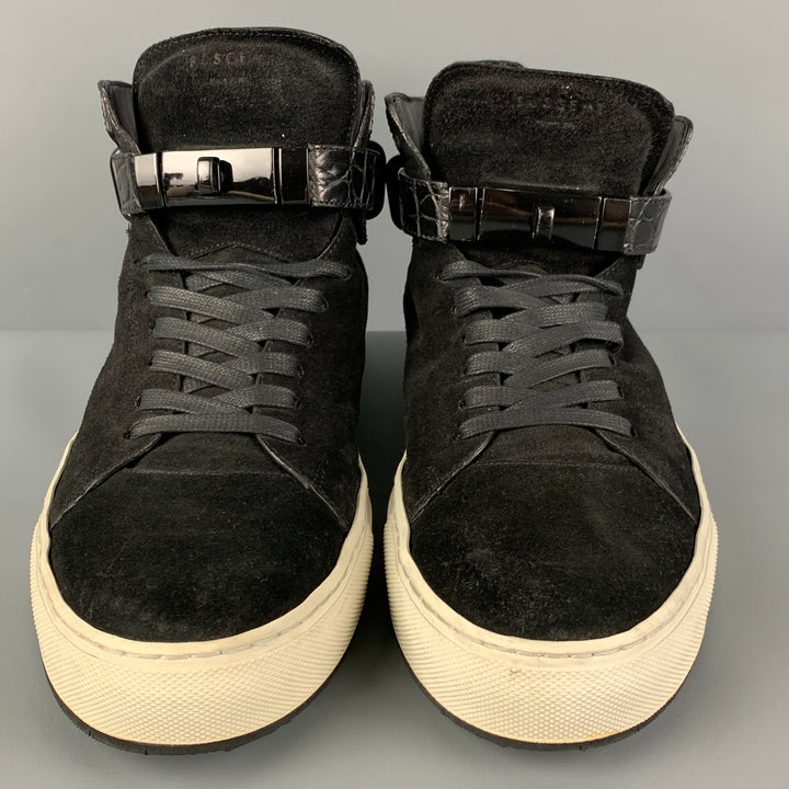 BUSCEMI Size 11 Black Embossed Suede 100MM High Top Sneakers