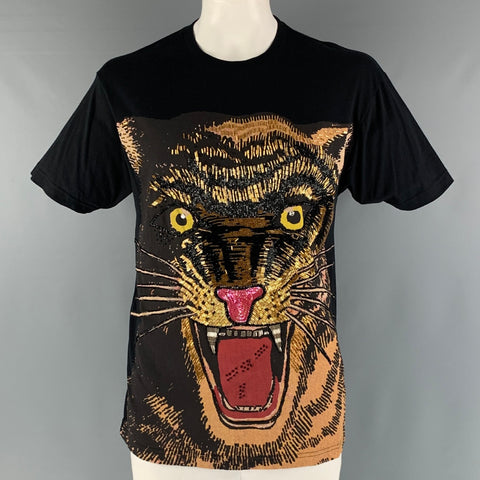 GUCCI Size XS Black Gold Embroidery Cotton Crew-Neck T-shirt