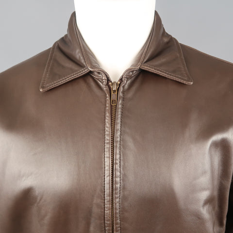 GOLDEN BEAR S Brown Solid Leather Zip Up Collared Bomber Jacket
