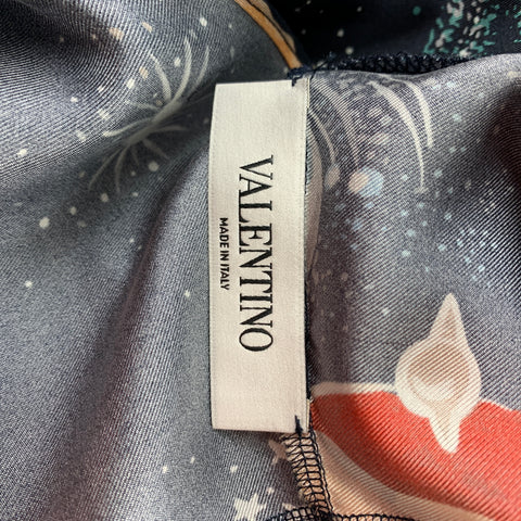 VALENTINO Spa Size L Navy Cosmo Print Silk Blouse