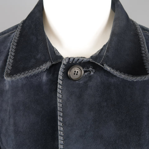 SALVATORE FERRAGAMO 40 Navy Suede Whipstitched Trench Coat