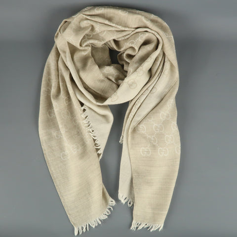 GUCCI Oatmeal Beige Wool / Silk Guccissima Monogram Scarf