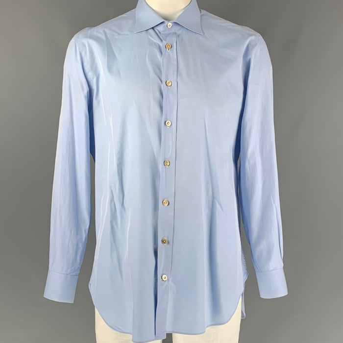 KITON Size XL Light Blue Solid Cotton Spread Collar Long Sleeve Shirt