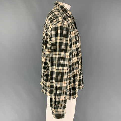 JOHN ELLIOTT Size L Black Beige Plaid Cotton Cropped Long Sleeve Shirt