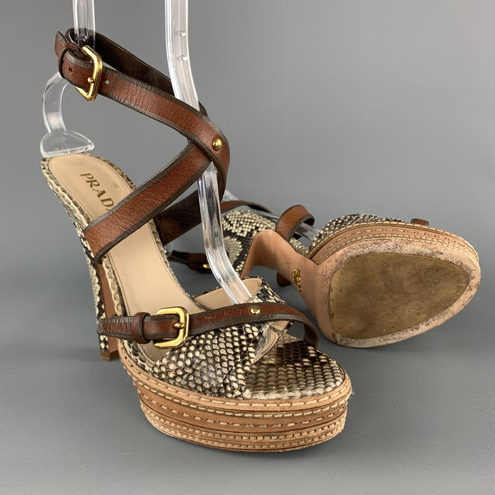 PRADA Size 9.5 Phython Skin Leather Platform Strappy Peep Sandals