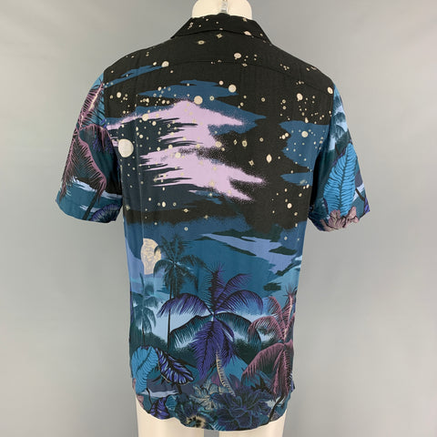 PAUL SMITH Size M Blue Navy Palms Viscose Button Down Short Sleeve Shirt