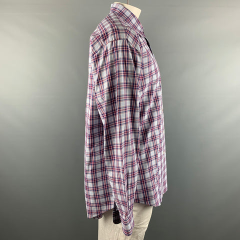 FACONNABLE Size XL White Blue & Red Checkered Cotton Long Sleeve Shirt