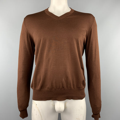 HERMES Size XL Brown Knitted Merino Wool V-Neck Pullover