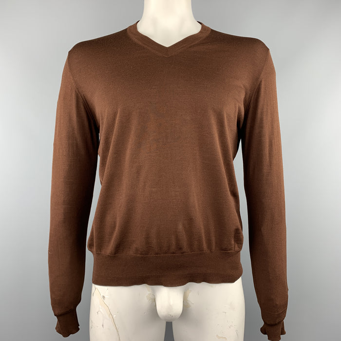 HERMES Size XL Brown Knitted Merino Wool V-Neck Pullover