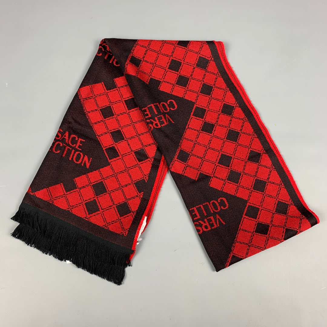 VERSACE COLLECTION Red & Black Diamond Wool Blend Frineg Scarf
