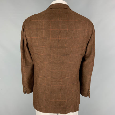 KITON Size 44 Brown Orange Window Pane Cashmere Notch Lapel Sport Coat