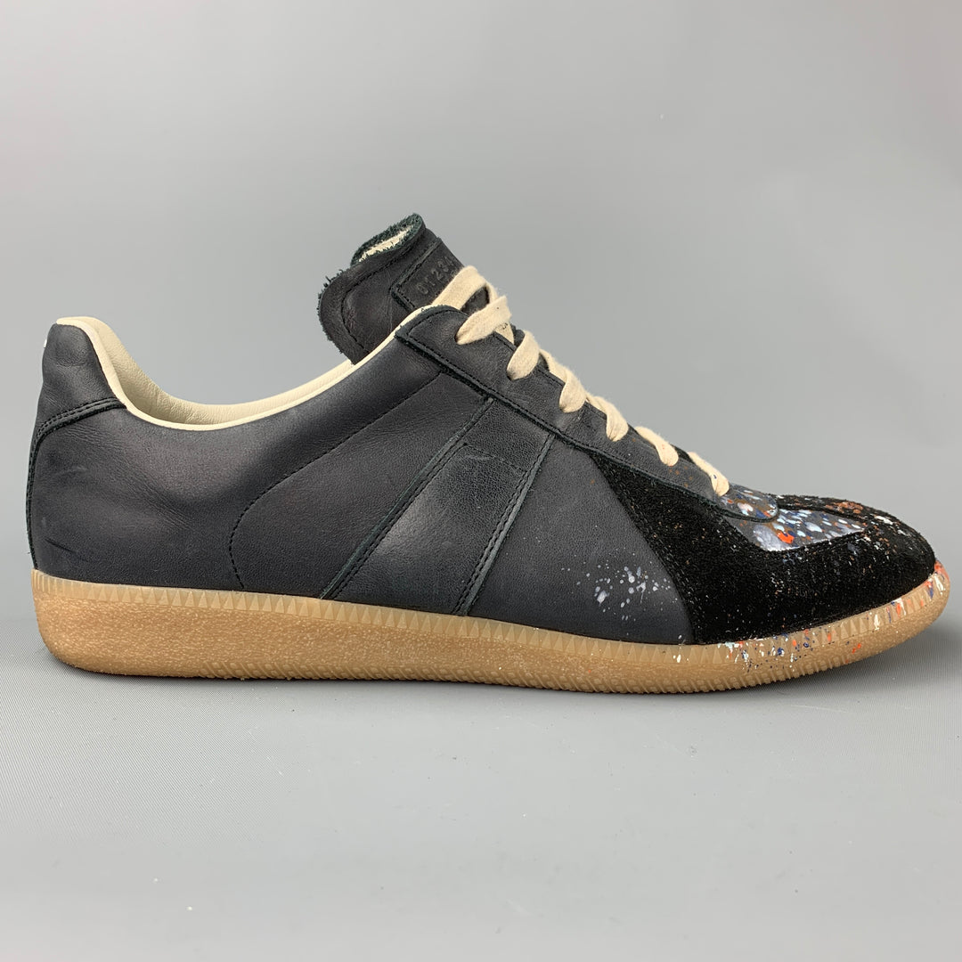 MAISON MARTIN MARGIELA Taille 10,5 Baskets réplique en cuir gris et noir avec éclaboussures de peinture