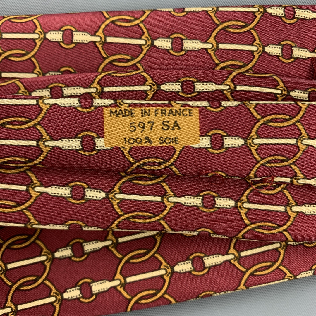 Vintage HERMES 597 SA Burgundy & Gold Horse Tackle Silk Neck Tie