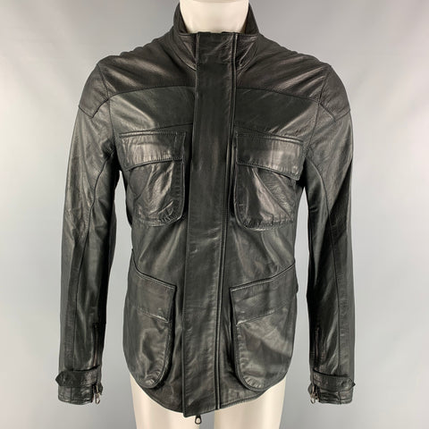 LOT78 Chaqueta de cuero negro talla 38 con cremallera y broches sólidos