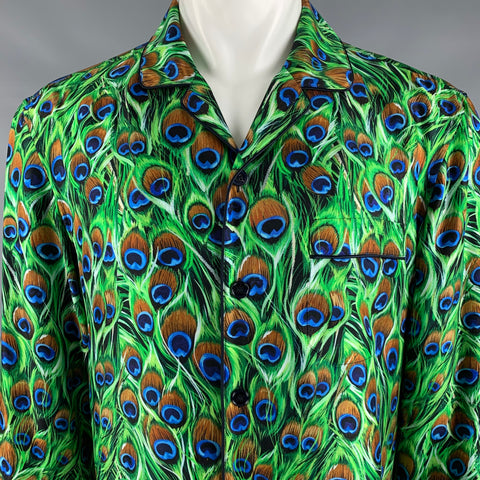 DOLCE & GABBANA Size M Green Multi-Color Silk Long Sleeve Shirt