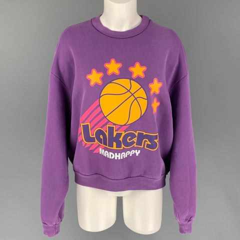MADHAPPY Size XS Purple Yellow Cotton Crew-Neck Pullover