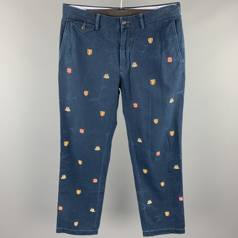 RALPH LAUREN Size 32 Navy Crests Embroidery Cotton Zip Fly Casual Pants