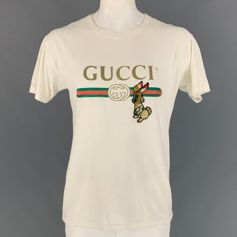 GUCCI Camiseta con cuello redondo de algodón con logo de conejito blanco talla L