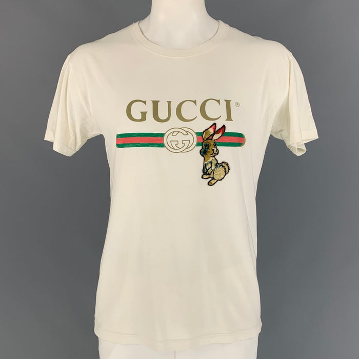 GUCCI Size L White Bunny Logo Cotton Crew-Neck T-shirt