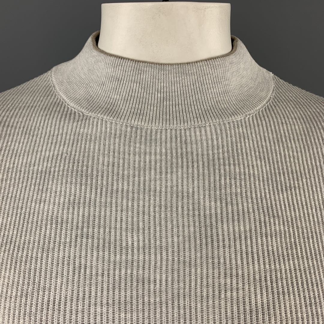 BRUNELLO CUCINELLI Size XL Light Grey Ribbed Knit Cotton High Mock Collar Pullover
