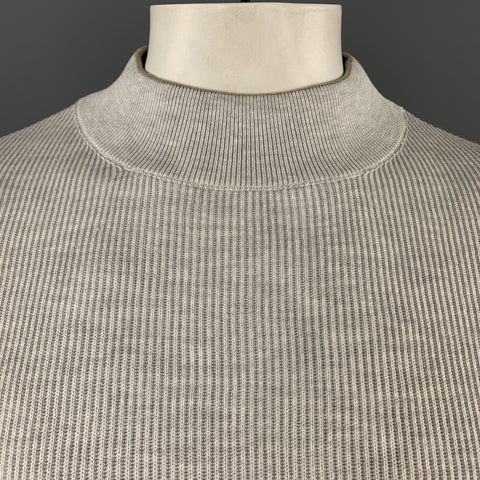 BRUNELLO CUCINELLI Size XL Light Grey Ribbed Knit Cotton High Mock Collar Pullover