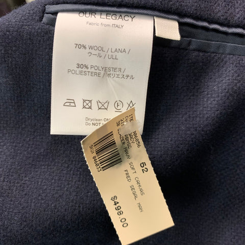 OUR LEGACY Manteau de sport à revers cranté en laine unie et polyester marine taille 42