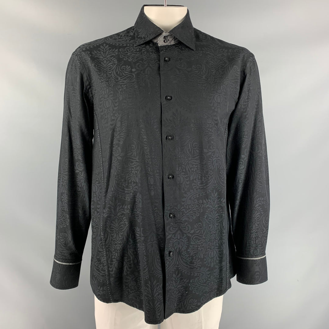 BRANDOLINI Size XL Black Print Cotton Button Up Long Sleeve Shirt