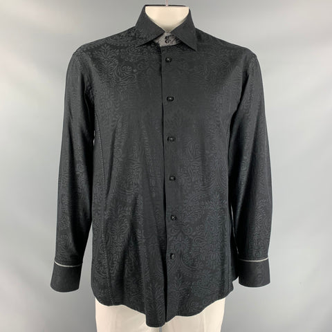 BRANDOLINI Size XL Black Print Cotton Button Up Long Sleeve Shirt