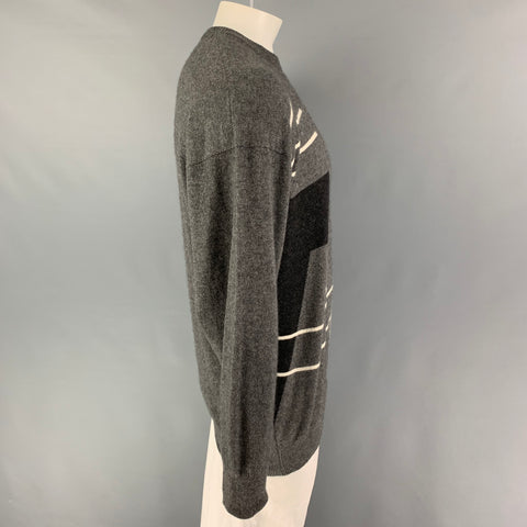 NEIMAN MARCUS Size XL Grey Black Beige Geometric Cashmere Crew-Neck Sweater
