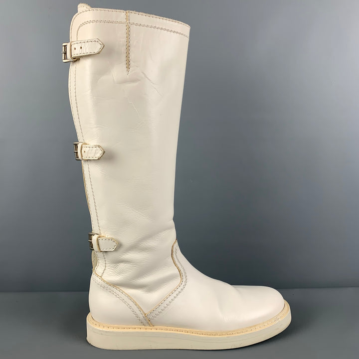 ANN DEMEULEMEESTER Size 8 White Leather Back Buckle Straps Boots