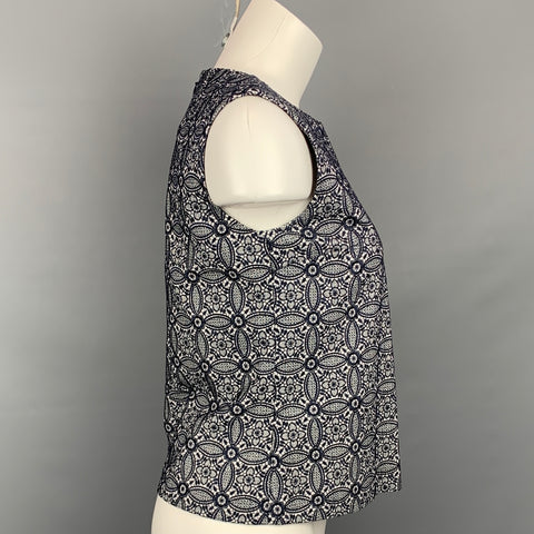 NOOY Size S Navy & White Embroidered Cotton A-line Sleeveless Blouse