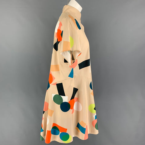 AKRIS Size 10 Beige Multi-Color Cotton Dots Cap Sleeves Dress