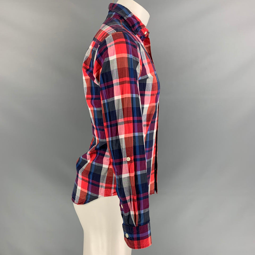 EDIFICE Size S Navy & Red White Madras Cotton Button Down Long Sleeve Shirt