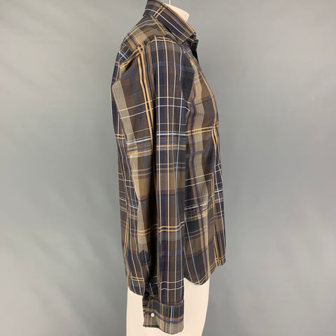 TED BAKER Talla L Camisa de manga larga con puño francés de algodón a cuadros marrón tostado