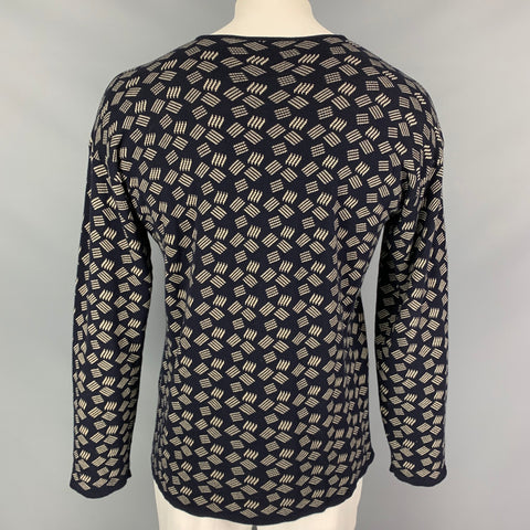 ARMANI COLLEZIONI Size L Navy & Ivory Knitted Cotton / Rayon Crew-Neck Pullover