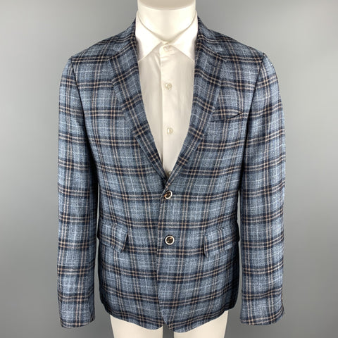 HASPEL Size 38 Navy Plaid Wool / Viscose Blend Notch Lapel Sport Coat