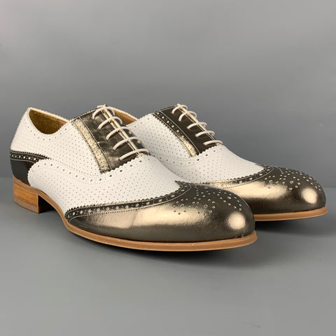 EMPORIO ARMANI Size 10 White Metallic Perforated Leather Spectator Lace Up Shoes