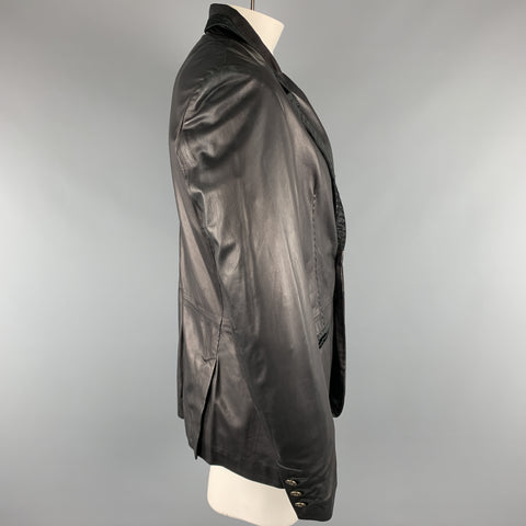 JUST CAVALLI Size XXL Black Solid Leather Peak Lapel Jacket