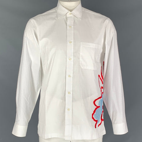 OLIVER SPENCER Size L Embroidery Cotton Button  White Long Sleeve Shirt